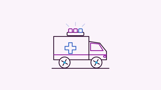 Seamless 4K looping animation of a flat ambulance van icon flashing siren, centred on a clean light background with plenty of copy space. Bold outlined vector shapes in purple and violet and smooth re