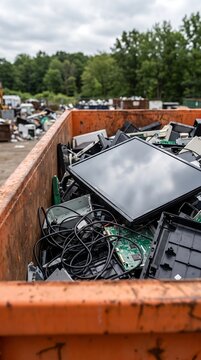 Obsolete flat screen monitor resting on heap of circuit boards and tangled electrical cables inside rusty industrial container for metal scrap disposal.