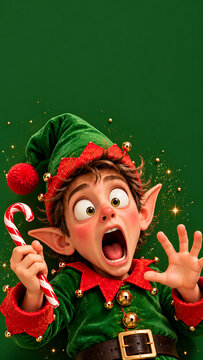 Lutin de No&euml;l surpris avec une canne en sucre d'orge sur fond vert