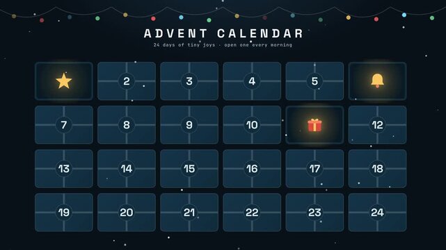 Animated digital Christmas advent calendar for twenty four days featuring a glowing light string, popping up festive surprises, holiday gifts and traditional xmas decorations.