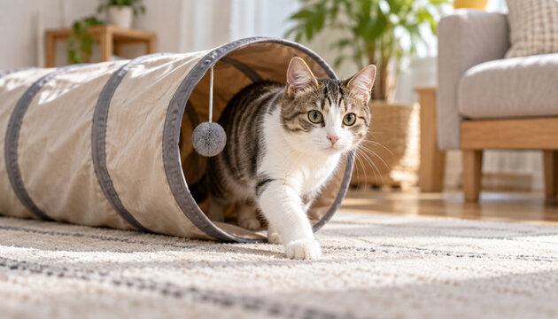 キャットトンネルから出てくる猫