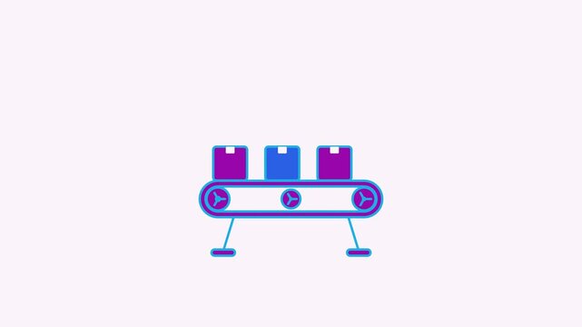 Animated flat conveyor belt icon in a minimal vector style, moving boxes in a smooth 4K seamless loop. The symbol sits isolated in the centre of a bright light background in blue and azure, leaving ro