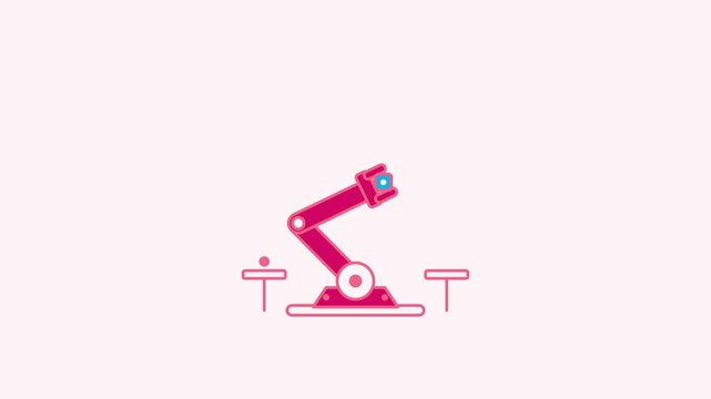 Animated flat assembly robot icon in a minimal vector style, moving part in a smooth 4K seamless loop. The symbol sits isolated in the centre of a bright light background in red and crimson, leaving r