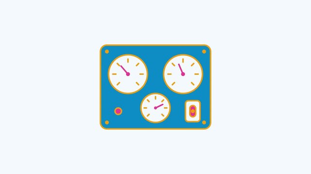 Seamless 4K looping animation of a flat gauge panel icon reading pressure, centred on a clean light background with plenty of copy space. Bold outlined vector shapes in blue and azure and smooth repea