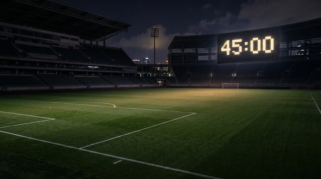 Empty Football Stadium At Night With Scoreboard Showing Half Time 45:00