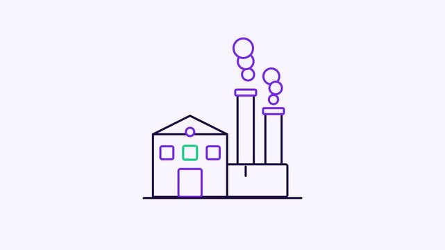 Seamless 4K looping animation of a flat factory stacks icon releasing steam, centred on a clean light background with plenty of copy space. Bold outlined vector shapes in purple and violet and smooth 