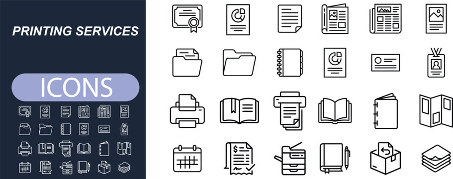 Book and Print Design Icon Set, Publishing, Brochure, Catalog, Flyer, Envelope, Letterhead, Print Media, Editorial Layout, Magazine and Blue Duotone Outline Vector Icons