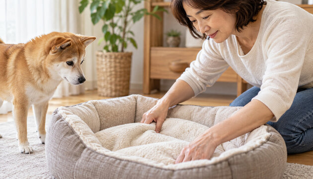 犬用ベッドを整える日本人女性の手元