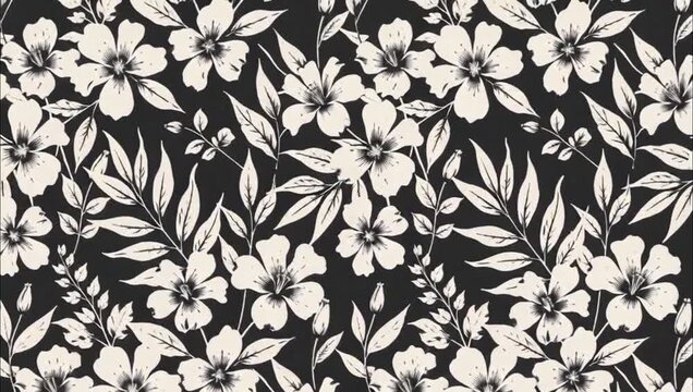 Elegant Seamless Black and White Floral Pattern with Vintage Hand-Drawn Flowers and Leaves Design.