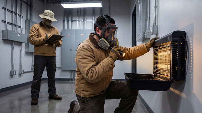 Exterminators in protective gear inspecting insect light trap in industrial building. Pest control technician checking electric wall device. Professional disinfection and sanitization service.