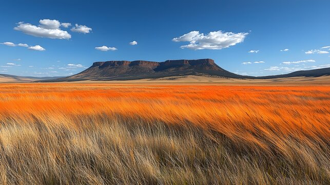 Stunning golden grass field beneath a flat topped mountain mesa under a clear blue sky.