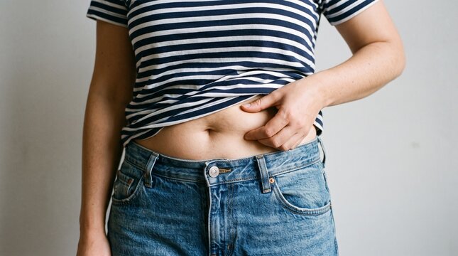 Woman wearing striped shirt and blue jeans lifting fabric to pinch excess belly fat with her fingers, showing body weight issues and health concerns