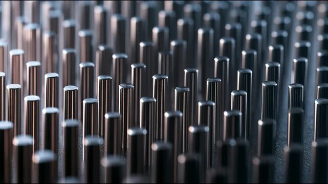 Metallic rods form a photographic abstract pattern on a dark industrial background, suggesting order, depth, and strength