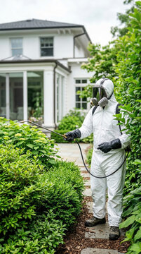 Exterminator in protective suit spraying insecticidal chemicals on garden shrubs near house. Pest control specialist performing outdoor disinfection and deratization service. Professional work.