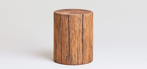 Fototapeta premium A textured rustic wooden post stands vertically on a simple neutral background, showcasing natural cracks and grain.