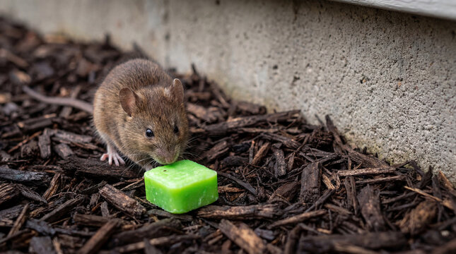 Brown rat inspecting green poisoned bait block on garden mulch. Deratization process and rodent control measures in residential area. Pest management and sanitation service concept.