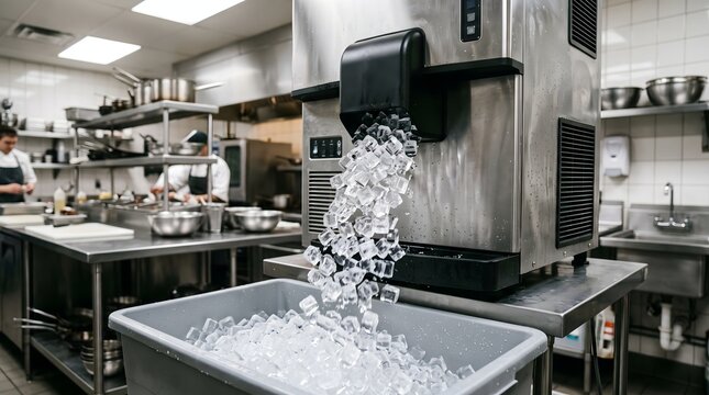 Stainless steel commercial ice machine dispensing cubes into plastic bin.