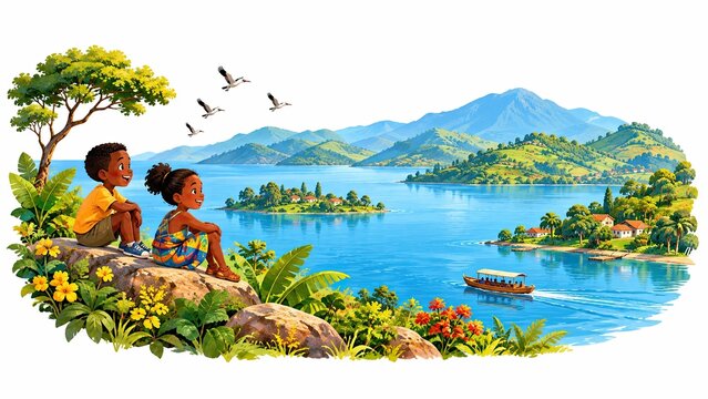 Illustrated Rwandan landscape with children overlooking Lake Kivu, green hills, a mountain, and a boat on the water.