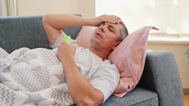 A man is lying on a couch with a thermometer in his mouth. He looks tired and has one hand on his forehead. The setting is indoors with natural light