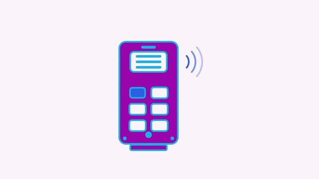 Seamless 4K looping animation of a flat intercom panel icon ringing visitor, centred on a clean light background with plenty of copy space. Bold outlined vector shapes in purple and violet and smooth 