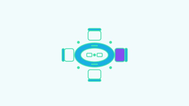 Seamless 4K looping animation of a flat meeting table icon highlighting seats, centred on a clean light background with plenty of copy space. Bold outlined vector shapes in teal and turquoise and smoo