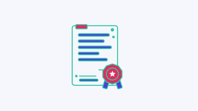 Animated flat sealed contract icon in a minimal vector style, stamping seal in a smooth 4K seamless loop. The symbol sits isolated in the centre of a bright light background in teal and turquoise, lea