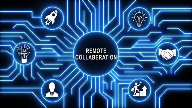 Dynamic remote collaboration concept featuring glowing blue circuit board pathways, futuristic microchip network nodes, artificial intelligence symbols, and global digital connectivity animations