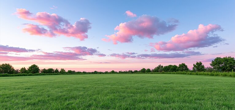 A peaceful sunrise casts pastel tones over a vibrant green field, perfect for wellness and eco themes.