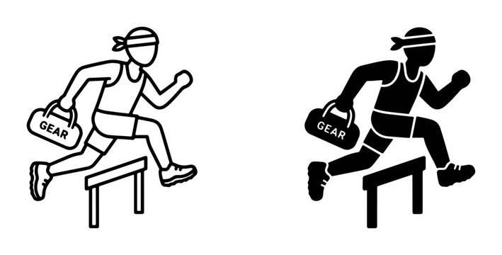 Obstacle racing athlete with gear bag jumping hurdle, sports and fitness