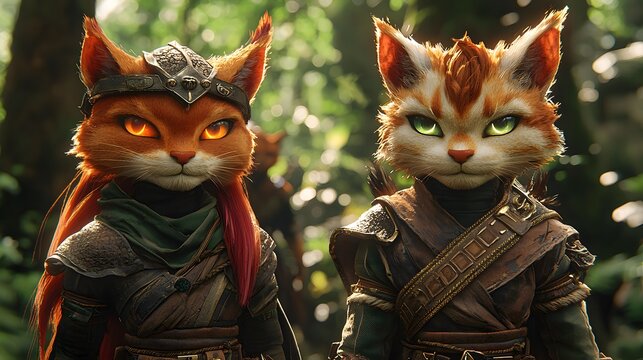 Two Anthropomorphic Warrior Cats Standing in a Forest.