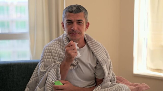 A man is sitting on a couch wrapped in a blanket. He is using an inhaler while looking directly at the camera in a room with natural light