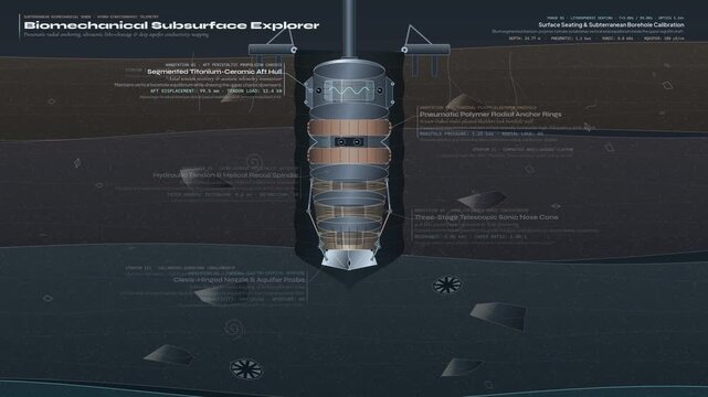 educational animation of a biomechanical subsurface explorer featuring pneumatic anchor rings, a hydraulic recoil spindle, and a telescopic sonic nose cone for subterranean aquifer probing