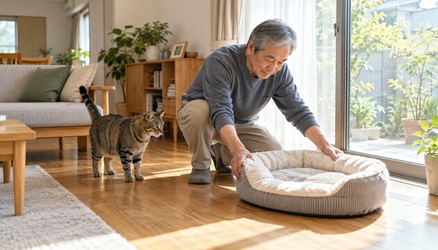 窓辺で猫用ベッドを整えるシニア男性