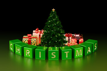 CHRISTMAS word blocks surrounding festive tree and gifts © klenger