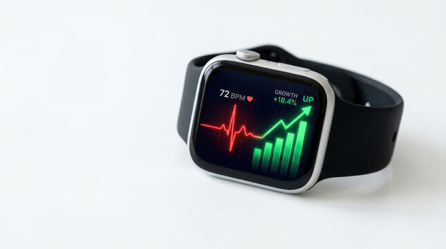 Black health smartwatch displays healthcare innovation and spending data with glowing heart rate and rising chart on clean white background