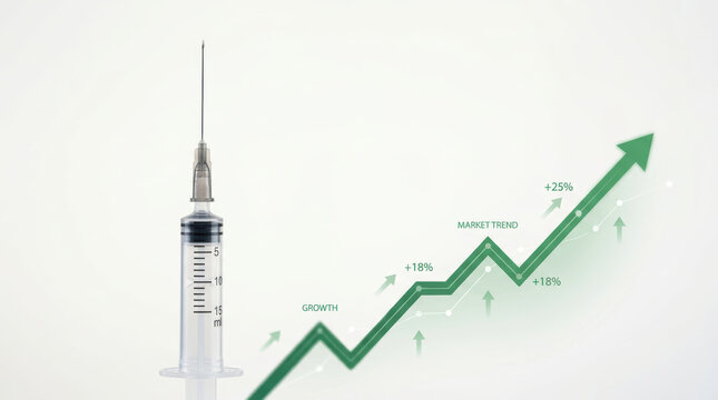 Healthcare innovation spending rises as syringe and upward growth chart symbolize medical investment and progress in clean, bright setting