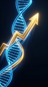 DNA helix, rising arrow, genetic research, healthcare innovation spending drives advances in medicine and biotechnology