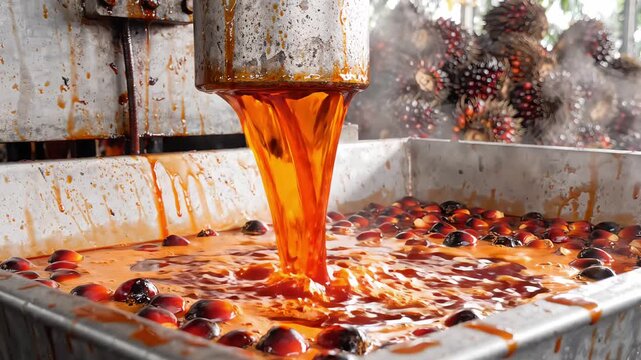 Bright orange palm oil being extracted from fruit in an industrial processing machine