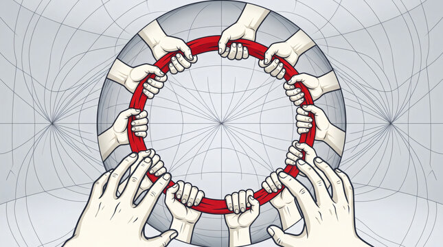 Multiple hands holding a red ring in a circle of unity