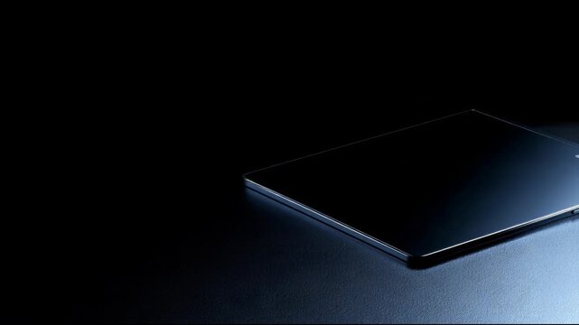 Closed black laptop on a dark textured surface, photorealistic style, dramatic blue rim light, symbolizing modern technology