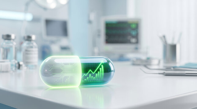 Healthcare innovation spending concept with glowing digital capsule and rising chart bright clinical laboratory, suggesting medical research