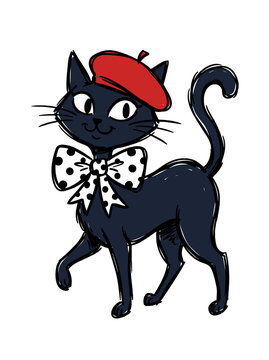 Black cat silhouette wearing a red beret and polka dot bow tie. Perfect for fashion apparel prints, boutique logos, cute greeting cards.