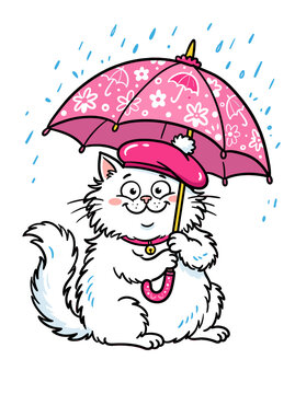 White fluffy cat wearing pink beret holding an umbrella in the rain. Perfect for children book illustrations, rainy day greeting cards, cute apparel prints.