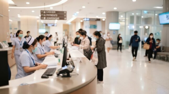 Hospital reception desk with medical staff and patients in a busy clinic lobby, professional healthcare service environment with blurred background for medical business concepts