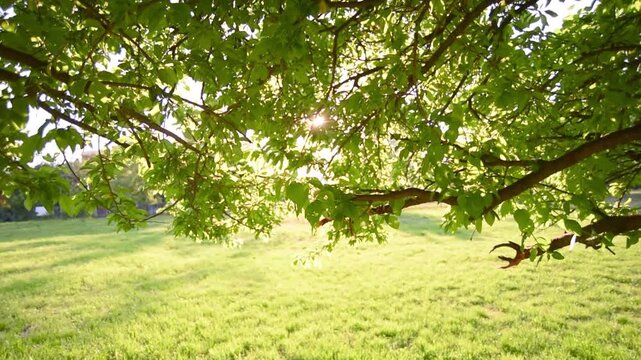 Tree leaves sunlight. Nature background in springtime. Sunbeam in forest leaf branches. Summer season botanical footage.