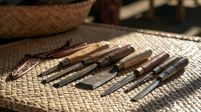 Maori woodcarver's personal collection of hand chisels and adzes laid on a woven flax mat beside an unfinished pendant, indigenous craftsmanship concept for traditional artisan