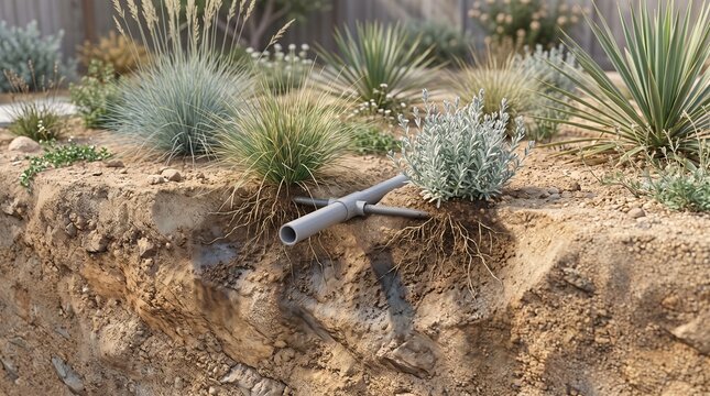 Greywater irrigation in sandy residential landscape soil with rapid subsurface infiltration, buried distribution pipe, emitters and drought-tolerant ornamental planting for water conservation