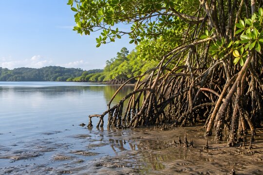 Mangrove roots along a quiet tropical coastal inlet at low tide