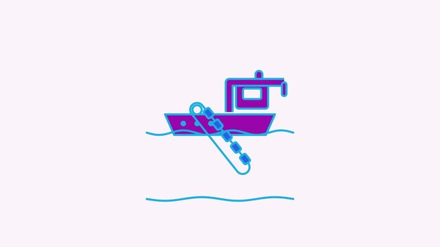 Animated flat dredger barge icon in a minimal vector style, lifting silt in a smooth 4K seamless loop. The symbol sits isolated in the centre of a bright light background in blue and azure, leaving ro