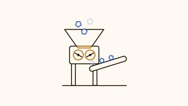 Animated flat ore crusher icon in a minimal vector style, breaking rock in a smooth 4K seamless loop. The symbol sits isolated in the centre of a bright light background in orange and amber, leaving r